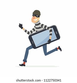 Thief stealing smartphone - cartoon people characters illustration isolated on white background. High quality composition with a criminal in a mask running with a big stolen gadget