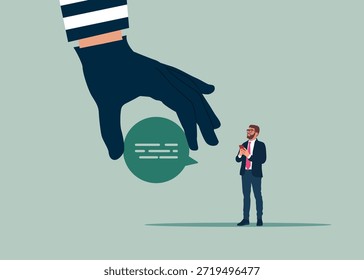 Ladrão roubando bolhas de fala, mão assaltante com mensagem. Hacking e crimes cibernéticos. Cibersegurança e conceito de phishing. Ilustração vetorial moderna em estilo plano