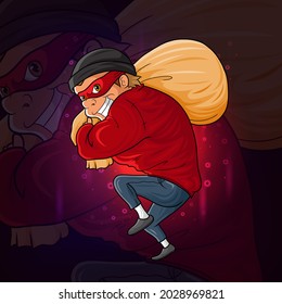 The thief is stealing a suck of money esport logo design of illustration