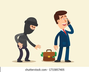 Thief stealing suitcase with money from a businessman who talking by phone. Theft of valuables on the street, warning. Vector illustration, flat design, cartoon style, isolated background.