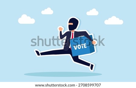 Thief stealing a vote box illustrating fraud and unfair actions in a democratic election or a board meeting