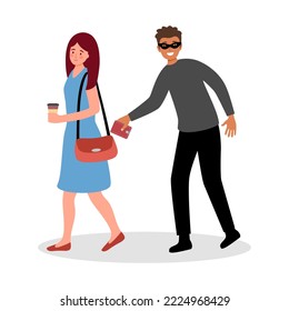 Thief stealing wallet from woman bag in flat design on white background. Pickpocket concept vector illustration.