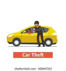 Thief Steals Car. Vector Illustration.