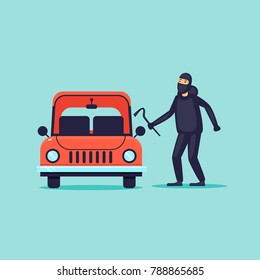 Thief steals cars, insurance. Flat design vector illustration.