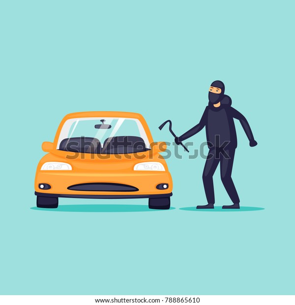 Thief steals cars, insurance. Flat design\
vector illustration.