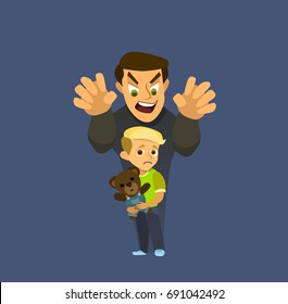 A thief steals a child. Children kidnapping concept. Vector illustration in a flat style.