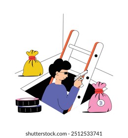 Un ladrón roba criptomonedas y activos digitales, ilustración de ladrón de dinero
