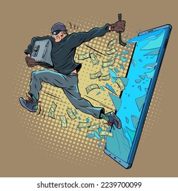 A thief steals electronic money through a smartphone. Internet fraud, data theft by hackers. Pop art retro vector illustration 50s 60s vintage kitsch style