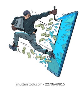 Un ladrón roba dinero electrónico a través de un smartphone. Fraude de Internet, robo de datos por hackers. Dibujo vectorial retro de arte pop estilo kitsch vintage de los años 50