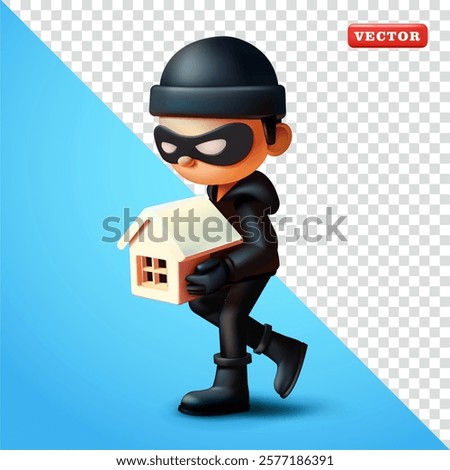 Thief steals house, 3d vector. Suitable for security and property