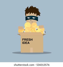 Thief steals idea bulbs from box. Cartooned thief in black mask and costume.