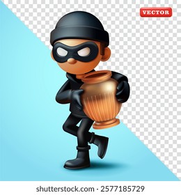 Thief steals luxury gold jar, 3d vector. Perfect for security