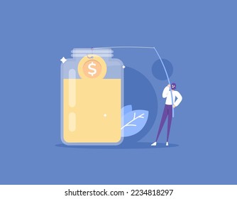 un ladrón roba dinero en el frasco usando cebo. robando dinero para conseguir mucho dinero. obtener ingresos de manera ilegal. delito. diseño de concepto de ilustración. elementos vectoriales