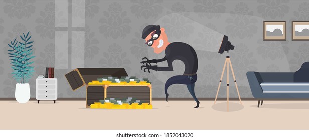 A thief steals money. A robber steals money from an old chest. Vintage chest. Vector.
