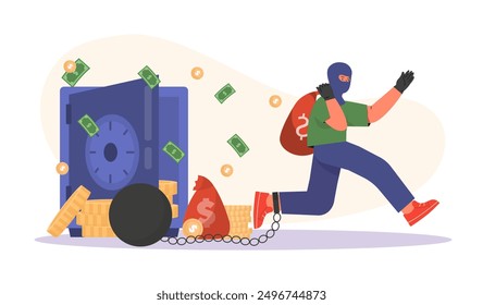 Thief steals money from safe. Man in black mask runs away with bag of banknotes and coins. Robber with weight on his leg, caught criminal. Flat vector illustration isolated on white background