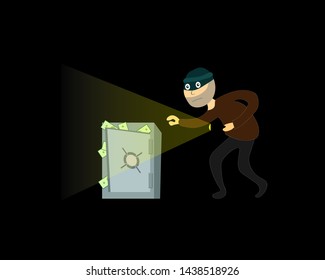 A thief steals money from the safe. Night. Vector illustration.