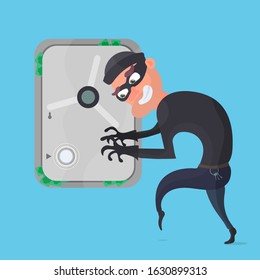A thief steals money from a safe. Robber isolated on a blue background. The concept of robbery and security. Vector illustration.