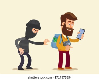 Thief steals money from a tourist from backpack bag. Pickpocket steals on the street wallet from pedestrian who looking at phone. Vector illustration, flat design, cartoon style, isolated background.