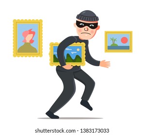 a thief steals a painting from a museum. value theft. vector illustration on white background