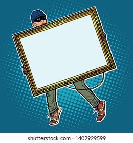 a thief steals a painting. Pop art retro vector illustration vintage kitsch