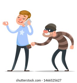 Thief steals purse from hapless guy character icon cartoon warning template design vector illustration