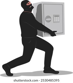 thief steals a safe, a masked criminal commits a crime.