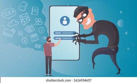 A thief steals user data. The bandit robs the password and data for the phone. Hacking concept Hacking smartphone user database. Insecure connection, online fraud, email viruses, isometric flat vector