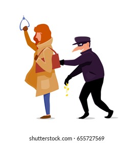 Thief steals from a woman's handbag, vector illustration isolated on white background