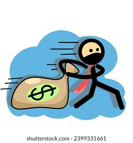 Thief stick figure, money theft illustration