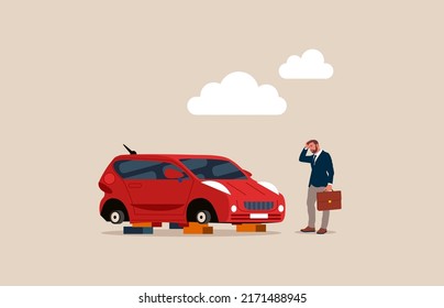 Thief stole all four wheels from a new car. A shocked businessman looks at a parked car without wheels. City criminal scene.