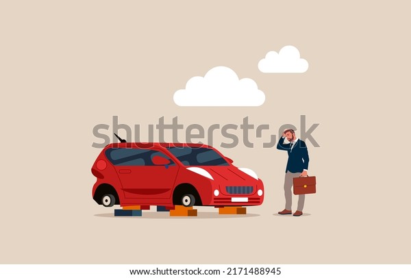 Thief stole all four wheels from a new car. A\
shocked businessman looks at a parked car without wheels. City\
criminal scene.