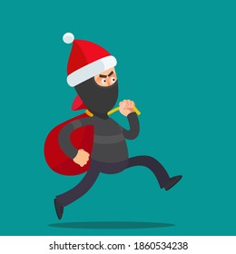 Thief stole bag with gifts from Santa Clause. Crime at Christmas night. Bad Christmas and New Years holidays. Vector illustration, flat design, cartoon style. Isolated background.