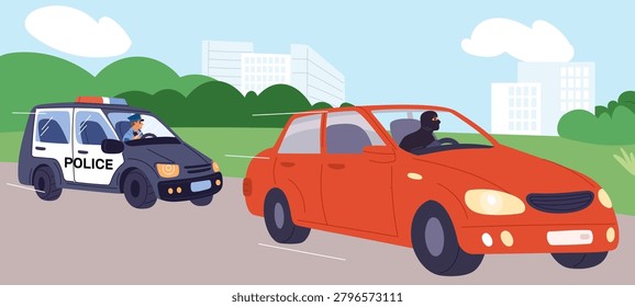Thief stole car. Police are chasing criminal who stolen vehicle through streets of city. Automobile theft. Auto robbery. Policeman patrol vehicle. Carjacker man escape from sheriff. Vector concept