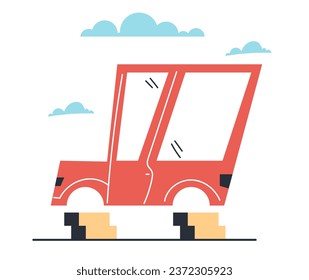 Thief stole car wheels robbery road concept. Vector flat graphic design illustration