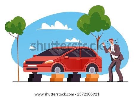 Thief stole car wheels robbery road concept. Vector flat graphic design illustration