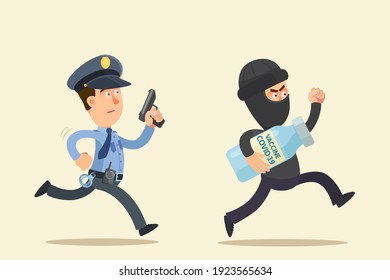 Thief stole a coronavirus vaccine from a laboratory, he runs away and is chased by a police officer. Security catches a thief with vial of COVID-19 vaccine. Vector illustration, flat design cartoon.