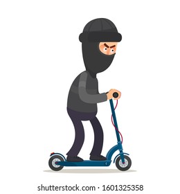 Thief stole electric scooter. Modern street thief, pickpocket ride on scooter. Cartoon vector illustration, flat design, isolated on white background.