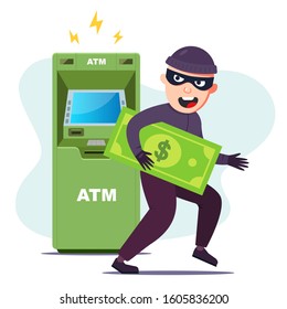 the thief stole money from an ATM. hacking the terminal to steal. Flat character vector illustration.