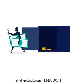 Thief stole money from the safe, theft, robbery. Flat style vector illustration.