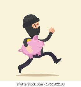 The thief stole a piggy bank and runs away. Theft of financial savings from people. Vector illustration, flat design, cartoon style, isolated background.