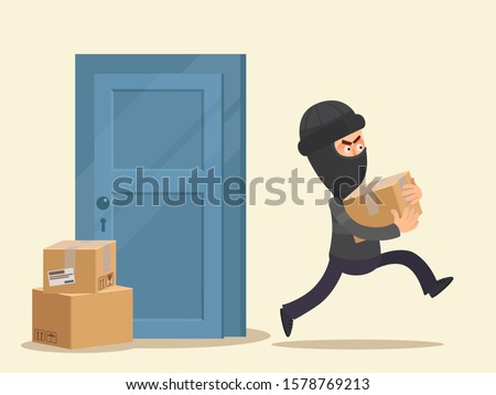 Thief stole someone else's parcel standing near the door. Theft in the house. Hooligan stole a package from neighbors. Vector illustration, flat design cartoon style. Isolated background.