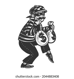 thief with stolen bags of money dollars sketch engraving vector illustration. T-shirt apparel print design. Scratch board imitation. Black and white hand drawn image.