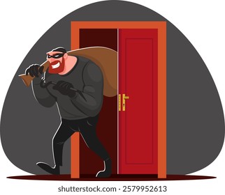 thief with stolen items flees apartment, male perpetrator stole money. Stock vector illustration