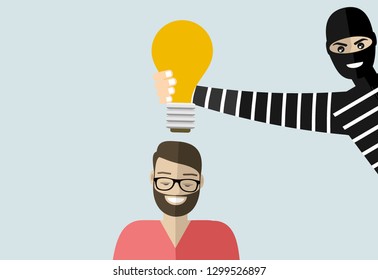 Thief stolen light bulb of idea. Steal idea concept. Cartoon Vector Illustration.