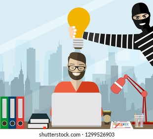 Thief stolen light bulb of idea. Steal idea concept. Cartoon Vector Illustration.