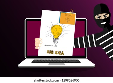 Thief stolen light bulb of idea. Steal idea concept. Cartoon Vector Illustration.