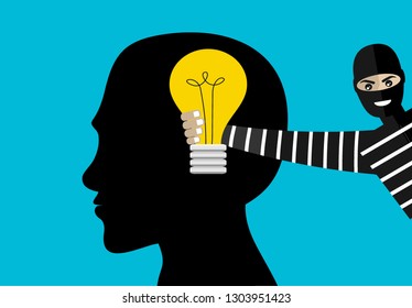 Thief Stolen Light Bulb Of Idea. Steal Idea Concept. Cartoon Vector Illustration. 