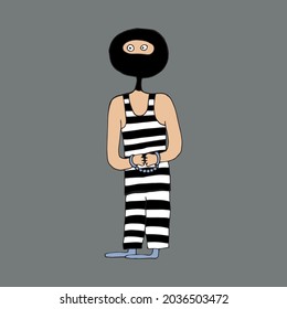 The thief is a swindler in striped clothes. The thief was caught by the police. The scammer in handcuffs. Vector. Doodles. Funny character in cartoon style. Isolated