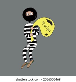 The thief is a swindler in striped clothes. A thief robbed a bank. The scammer is holding a bag of money in his hands. Vector. Doodles. Funny character in cartoon style. Isolated