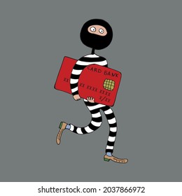 The thief is a swindler in striped clothes. A thief wants to steal money from a bank card. Bank card fraud. Vector. Doodles. Funny character in cartoon style. Isolated